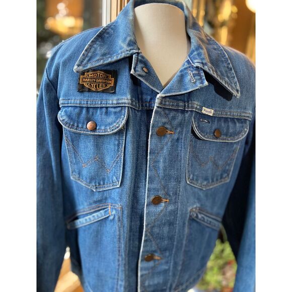 Vtg 70s 80s Wrangler No Fault Denim Sanfor Set Harley David. Patch M Jean Jacket - Picture 1 of 10